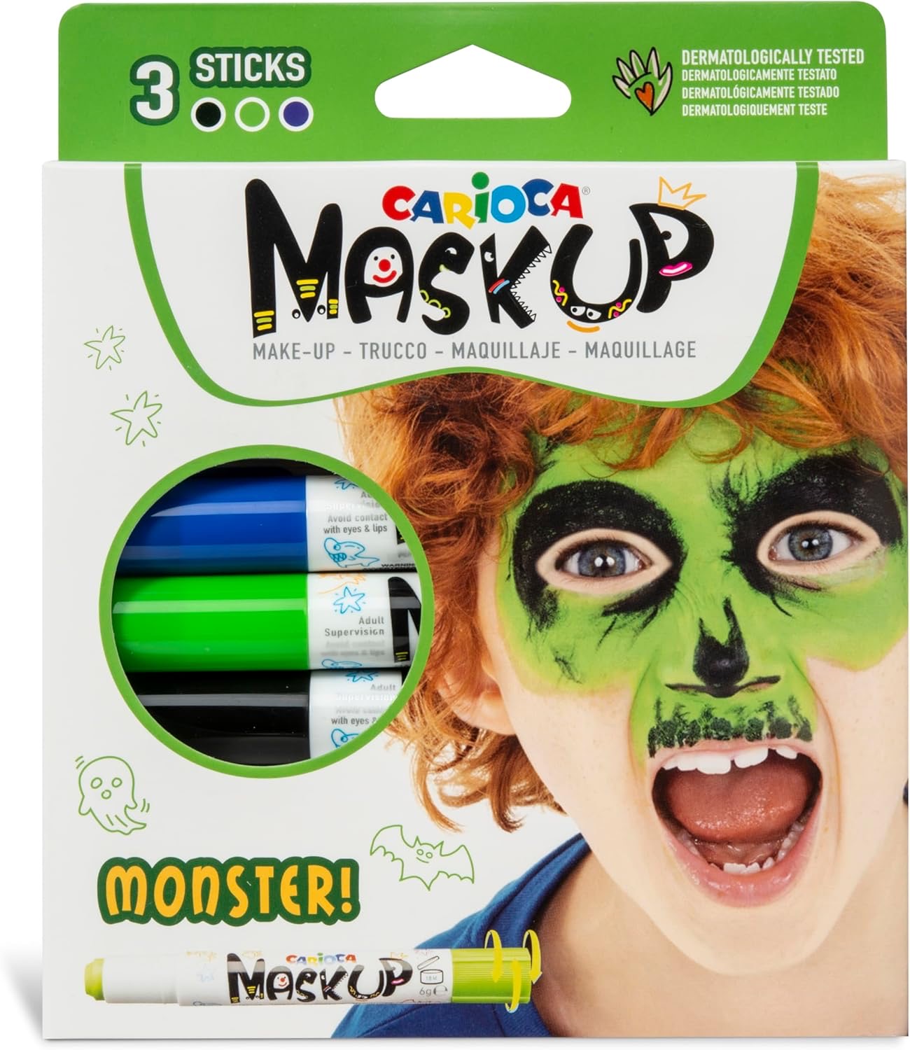 CARIOCA MASK UP Monster - 
Set di 3 colori brillanti a base d'acqua per la pelle in Stick con fantasia MONSTER