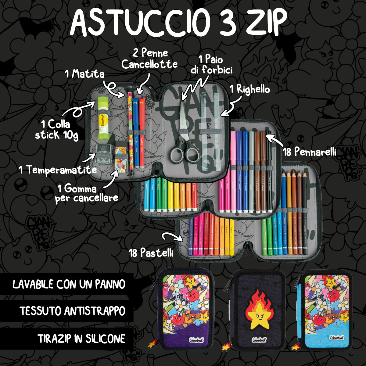 Astuccio 3 zip Gianpiero x Colourbook – Completo 44 pezzi