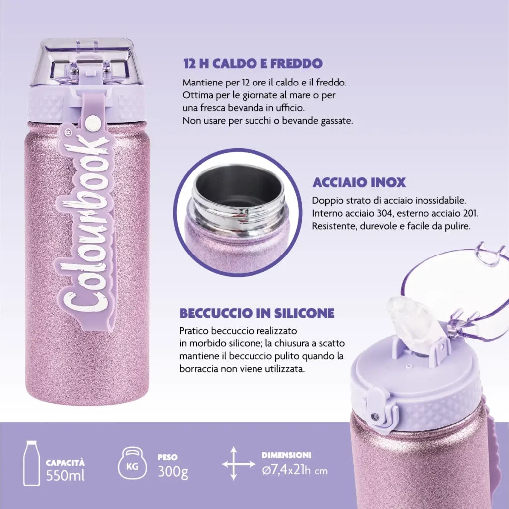 Borraccia termica Glitter 550ml - Colourbook